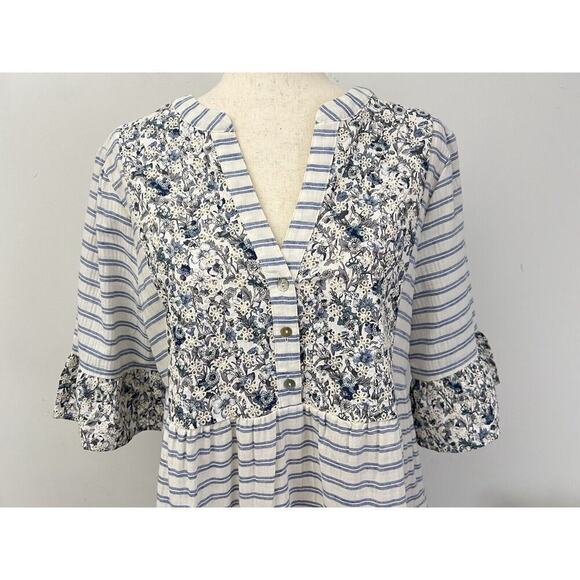 Voy Dress White & Blue Striped & Blue Floral Eyelet Lace V Neck Women’s Sz M NWT - Picture 8 of 13
